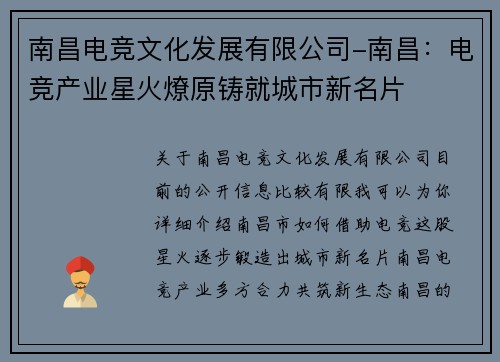 南昌电竞文化发展有限公司-南昌：电竞产业星火燎原铸就城市新名片