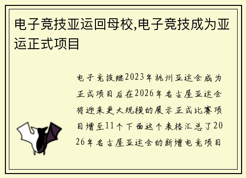 电子竞技亚运回母校,电子竞技成为亚运正式项目